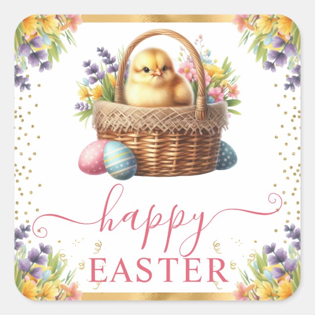 Pegatina Cuadrada Watercolor Spring Chick Basket Easter (Anverso)
