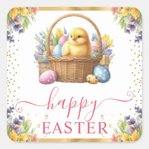 Pegatina Cuadrada Watercolor Spring Chick Basket Easter