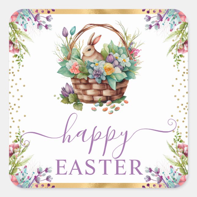 Pegatina Cuadrada Watercolor Spring Flowers Basket Happy Easter (Anverso)