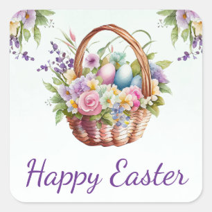 Pegatina Cuadrada Watercolor Spring Flowers Basket Happy Easter