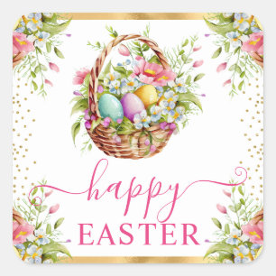Pegatina Cuadrada Watercolor Spring Flowers Basket Happy Easter