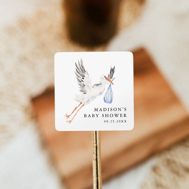 Pegatina Cuadrada Watercolor Stork Blue Boy Baby Shower (Subido por el creador)