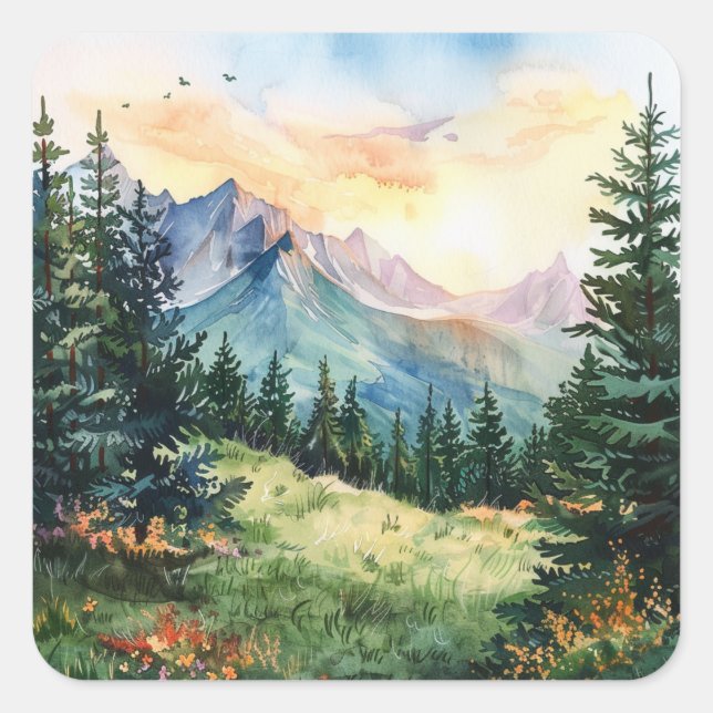 Pegatina Cuadrada Watercolor Summer Mountain (Anverso)