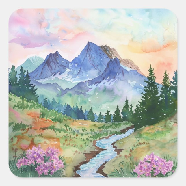 Pegatina Cuadrada Watercolor Summer Mountain (Anverso)