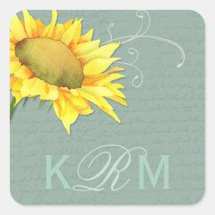 Pegatina Cuadrada Watercolor Sunflower Grayed Jade Boda