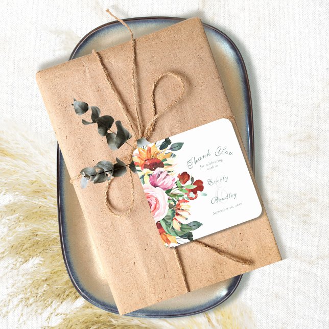 Pegatina Cuadrada Watercolor Sunflower Peony Wedding Thank You   (Subido por el creador)