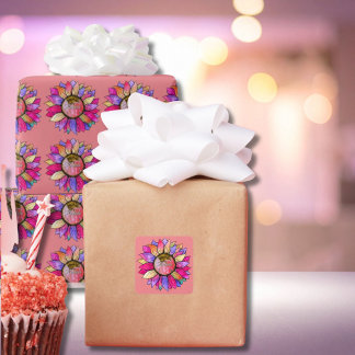 Pegatina Cuadrada Watercolor Sunflower Summer Pink & Purple 