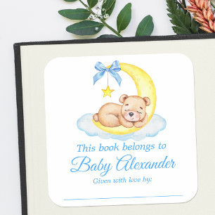Pegatina Cuadrada Watercolor Teddy Bear Baby Shower Bookplate Labore