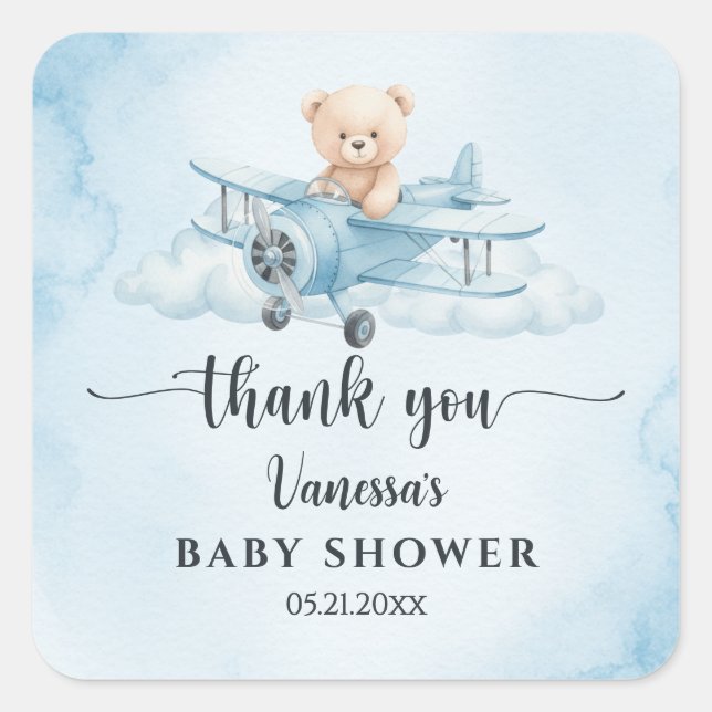 Pegatina Cuadrada Watercolor Teddy Bear Pilot Baby Shower Gracias (Anverso)