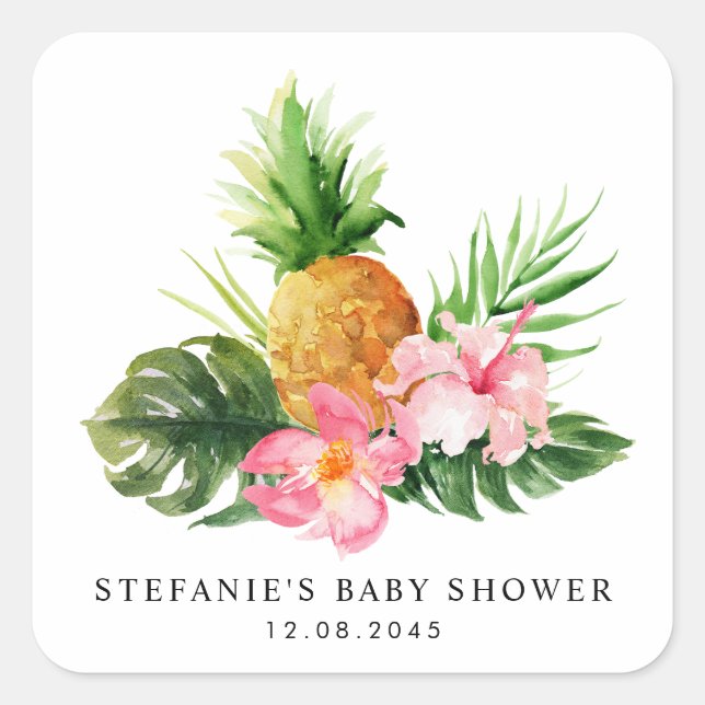 Pegatina Cuadrada Watercolor Tropical Pineapple Summer Baby Shower (Anverso)