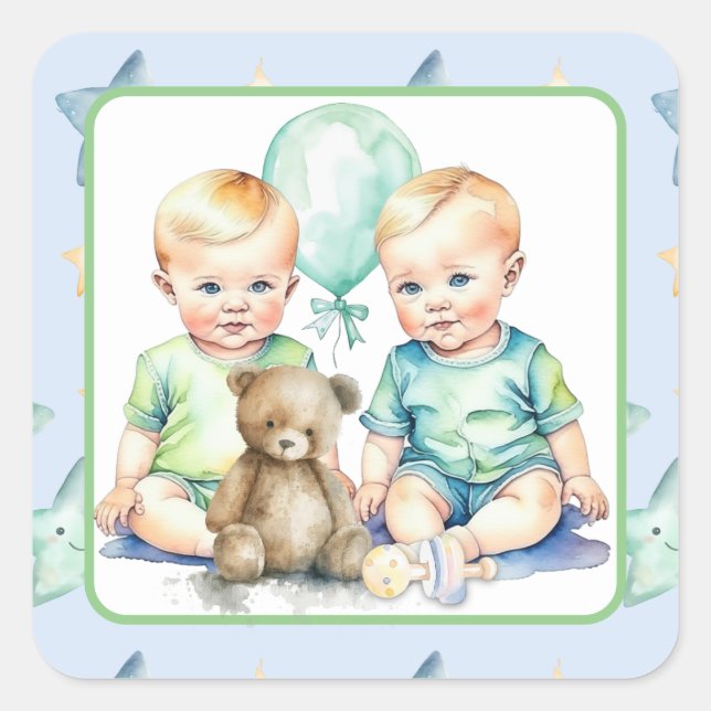 Pegatina Cuadrada Watercolor Twin Boys Baby Shower (Anverso)