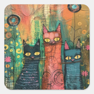 Pegatina Cuadrada Watercolor Vintage Resumen Cat