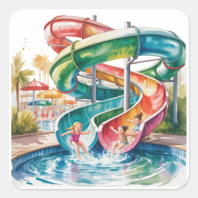 Pegatina Cuadrada Watercolor Waterslide Kids Birthday Party (Anverso)