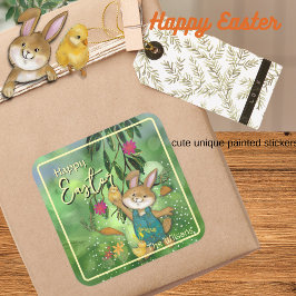 Pegatina Cuadrada Watercolor whimsical Easter Bunny