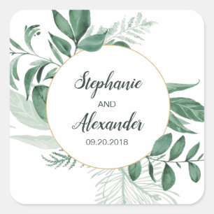 Pegatina Cuadrada Watercolor Wild Leaves Hunter Green Boda