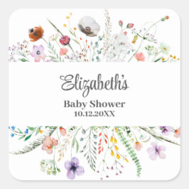 Pegatina Cuadrada Watercolor Wildflower Meadow Baby Shower