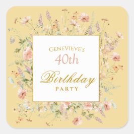 Pegatina Cuadrada Watercolor Wildflowers 40th Yellow Birthday