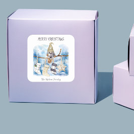 Pegatina Cuadrada Watercolor Winter Lady Gnome Feliz Navidad