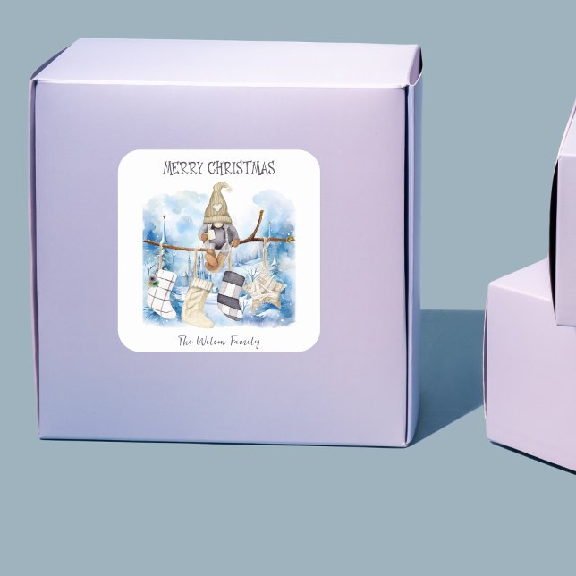 Pegatina Cuadrada Watercolor Winter Lady Gnome Feliz Navidad (Subido por el creador)