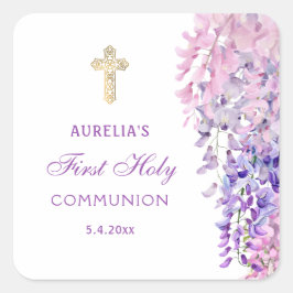 Pegatina Cuadrada Watercolor Wisteria First Communion