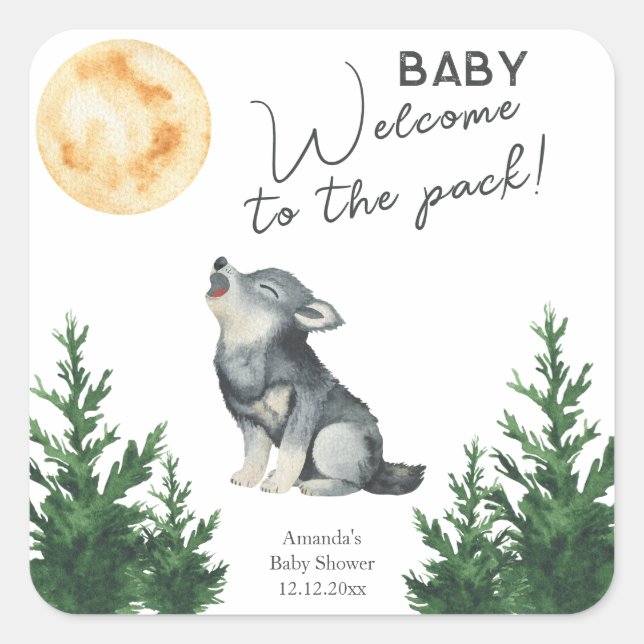 Pegatina Cuadrada Watercolor Wolf Baby Shower  (Anverso)