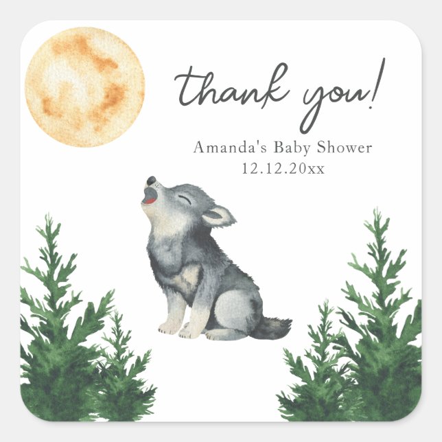 Pegatina Cuadrada Watercolor Wolf Baby Shower Thank you (Anverso)