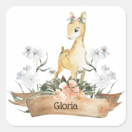 Pegatina Cuadrada Watercolor Woodland Baby Fawn Nombre personalizado
