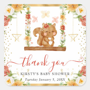 Pegatina Cuadrada Watercolor Woodland Squirrel Baby Shower