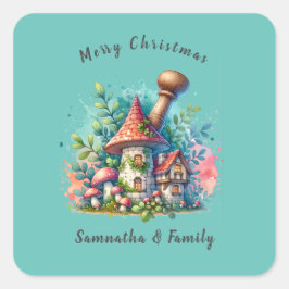 Pegatina Cuadrada WatercolorVintage Hogar Feliz Navidad nombre perso