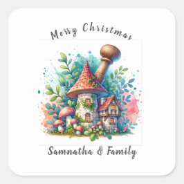 Pegatina Cuadrada WatercolorVintage Hogar Feliz Navidad nombre perso