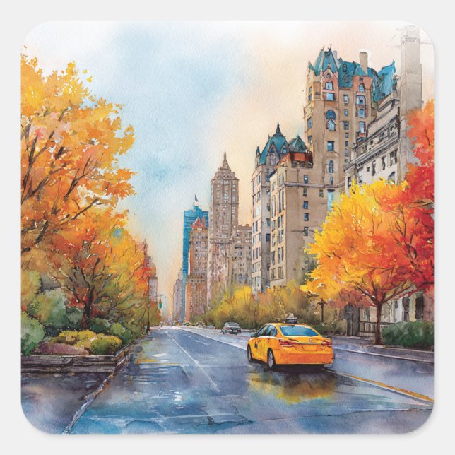 Pegatina Cuadrada Watercolour Autumn in New York (Anverso)