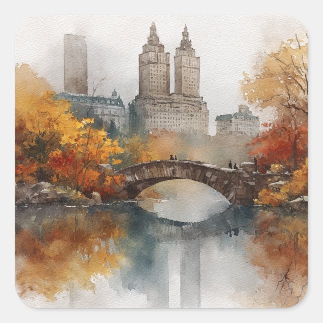 Pegatina Cuadrada Watercolour Autumn in New York (Anverso)
