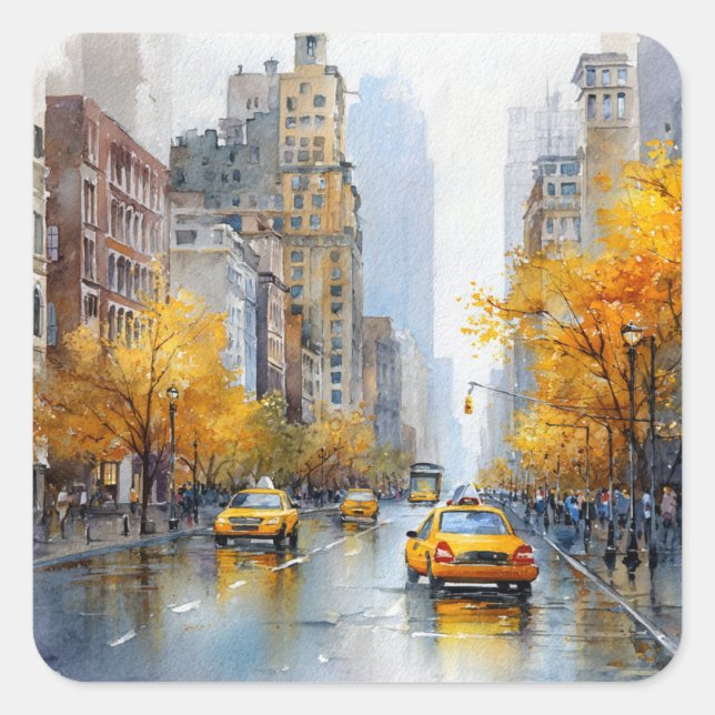 Pegatina Cuadrada Watercolour Autumn in New York (Anverso)