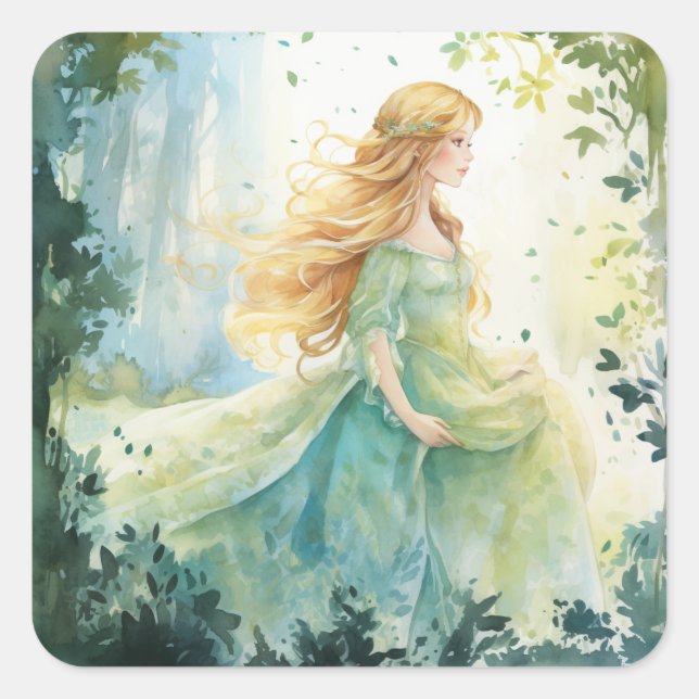Pegatina Cuadrada Watercolour Forest Princess (Anverso)