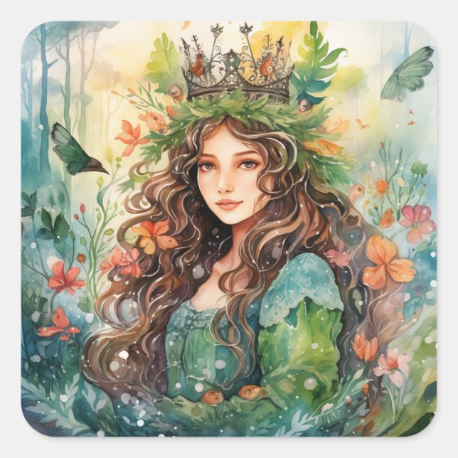 Pegatina Cuadrada Watercolour Forest Princess (Anverso)