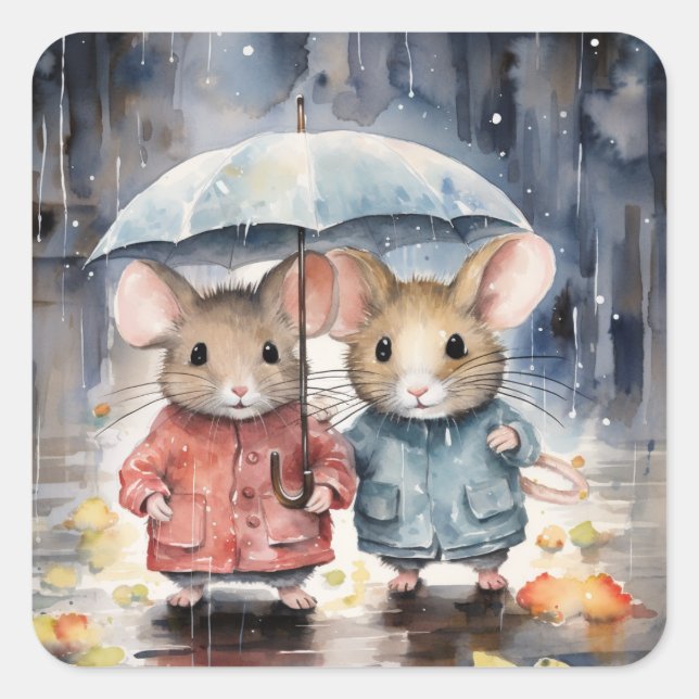 Pegatina Cuadrada Watercolour Mice in The Rain (Anverso)