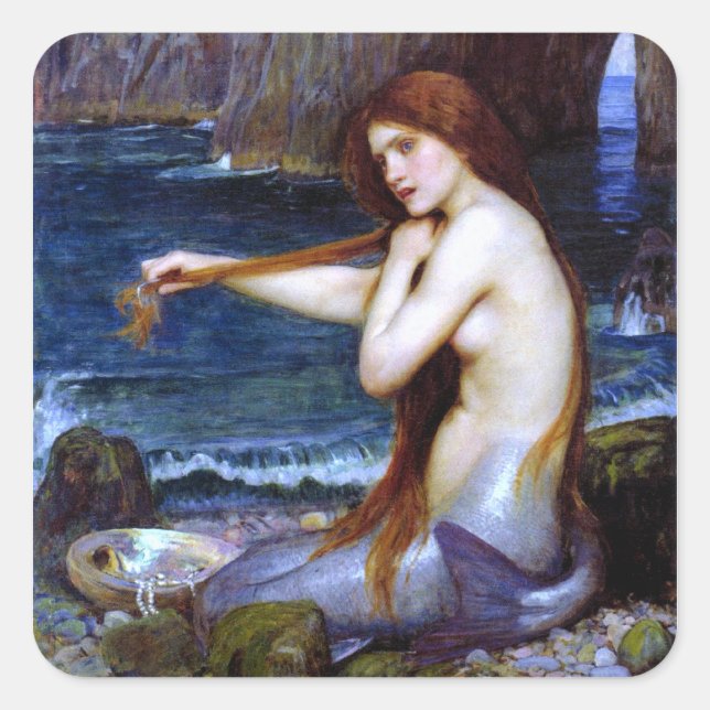 Pegatina Cuadrada Waterhouse: La Sirenita (Anverso)