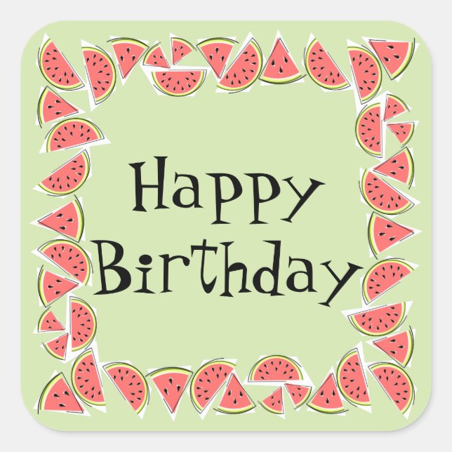 Pegatina Cuadrada Watermelon Green Pieces Square Happy Birday (Anverso)