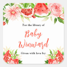 Pegatina Cuadrada Watermelon Pomegranate Baby Shower Bookplate