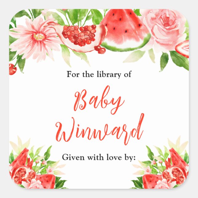 Pegatina Cuadrada Watermelon Pomegranate Baby Shower Bookplate (Anverso)