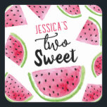 Pegatina Cuadrada Watermelon Two Sweet Birthday Party<br><div class="desc">El patrón de invitación a las sandías de color claro y colorido fue dibujado a mano y pintado por mí,  Valarie. Sólo disponible en mis tiendas. Hacerlo propio editando el texto. Cuidado y caprichoso patrón de sandía acuática con divertidas fuentes rápidas! Perfecto para fiestas de cumpleaños de verano.</div>