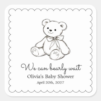Pegatina Cuadrada "We Can Bearly Wait" Baby Shower Gender Neutral