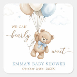 Pegatina Cuadrada We Can Bearly Wait Boy Baby Shower Custom