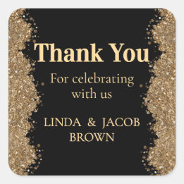 Pegatina Cuadrada Wedding Anniversary Gold Faux Glitter Thank You