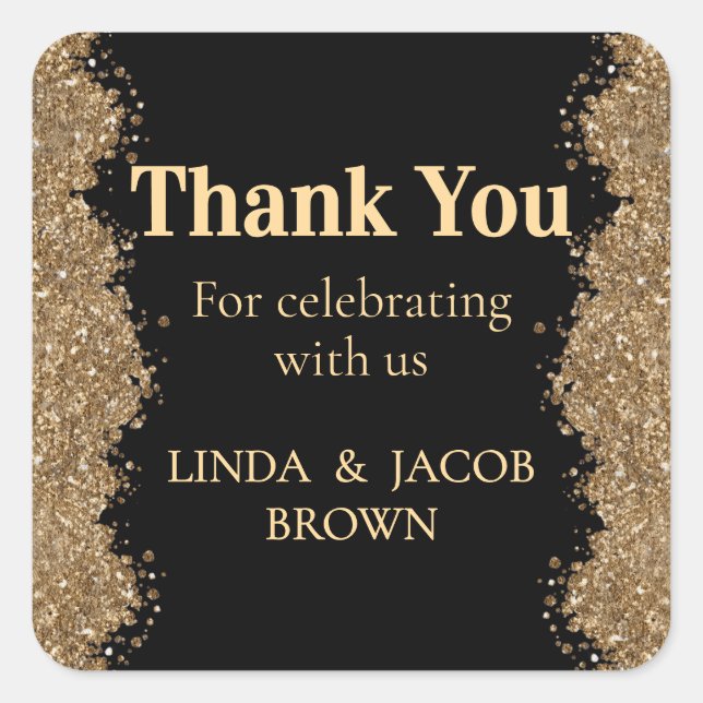 Pegatina Cuadrada Wedding Anniversary Gold Faux Glitter Thank You (Anverso)
