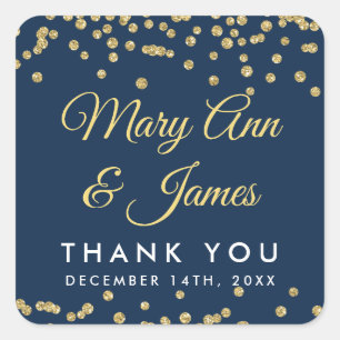 Pegatina Cuadrada Wedding Favor Tag Gold Faux Purpurina Confetti Nav