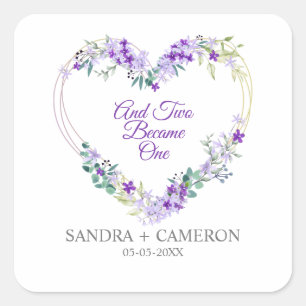 Pegatina Cuadrada Wedding Floral Watercolor Heart with in Purple