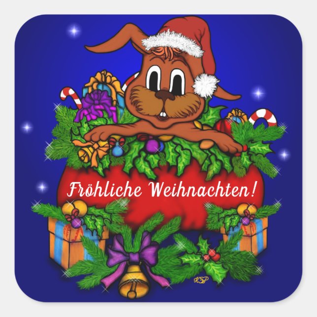 Pegatina Cuadrada Weihnachtskaninchen , Fröhliche Weihnachten! (Anverso)