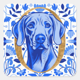 Pegatina Cuadrada Weimaraner asomándose a través de la letra "O" en