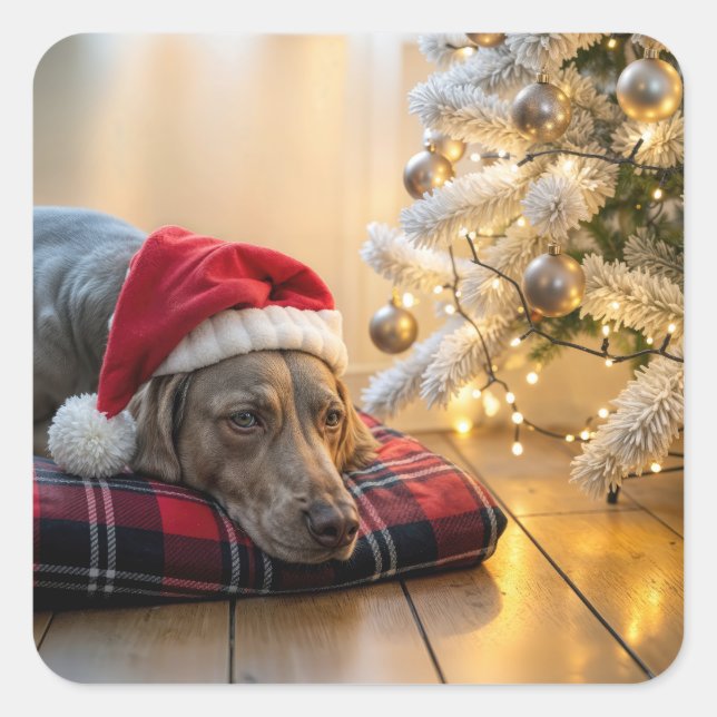 Pegatina Cuadrada Weimaraner de Navidad junto a un árbol (Anverso)